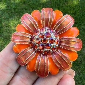 Heavy Orange Enamel & Rhinestone Flower Brooch